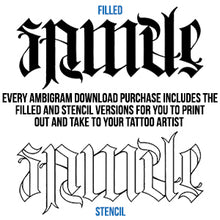 Load image into Gallery viewer, Strength / Sacrifice Ambigram Tattoo Instant Download (Design + Stencil) STYLE: Bionic - Wow Tattoos